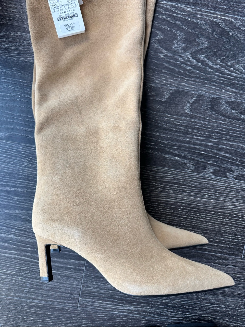 Zara Knee-High Pointed-Toe Suede Boots in Tan NWT - Picture 4 of 5